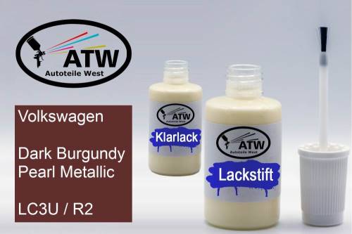 Volkswagen, Dark Burgundy Pearl Metallic, LC3U / R2: 20ml Lackstift + 20ml Klarlack - Set, von ATW Autoteile West.
